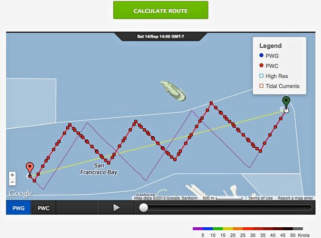 Upwind course projection September 14, 2013 - faint purple line is for Race 8, Red dotted line is for Race 9 © PredictWind.com www.predictwind.com